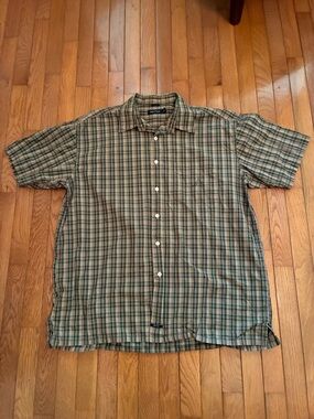 Nautica Green and Tan Plaid Short-Sleeve Button-Down Shirt